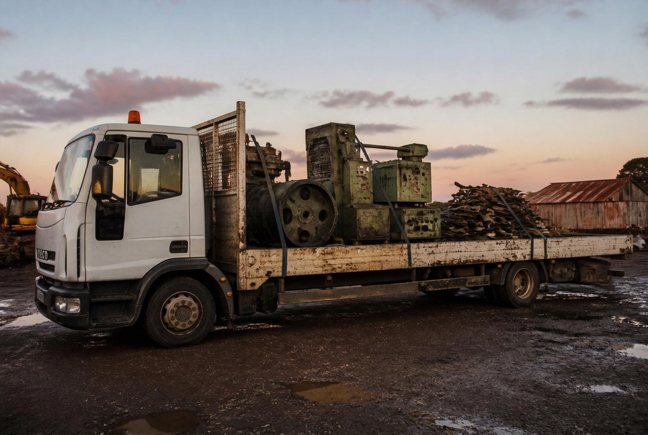 Flatbed truck loaded with industrial machinery at dusk